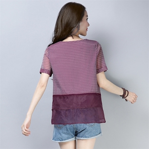 2021年夏季 圆领 拼接 蕾丝衫/雪纺衫 细横条纹 纯色 纱网 短袖 时尚图片