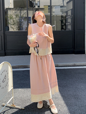2025夏季女新款粉色初恋风法式温柔气质蕾丝拼接背心半身裙两件套，女装套装/套裙，韩蜜菓