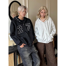 春秋小众烫钻可拆卸领带连帽卫衣重磅细闪宽松慵懒外套W031，女装短外套，星座1116A（原606A-3）