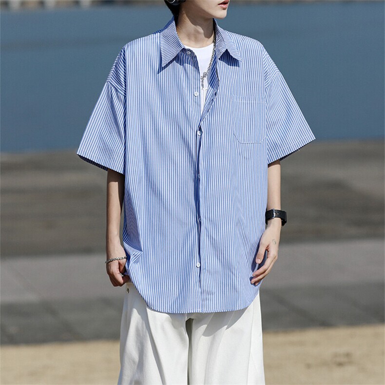 8XL-M条纹短袖衬衫男夏季宽松慵懒风痞帅大码衬衣外套DC28001P40,男装衬衫,电商B312