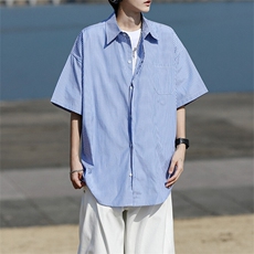 8XL-M条纹短袖衬衫男夏季宽松慵懒风痞帅大码衬衣外套DC28001P40，男装衬衫，电商B312