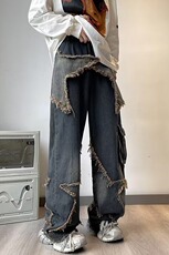 设计牛仔裤男美式复古大口袋毛边水洗高街工装阔腿长裤CN896-P64，男装牛仔裤，星座1008