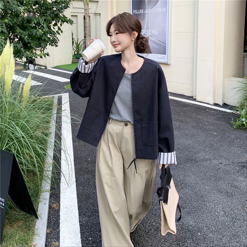 【现货】韩版袖口条纹拼接短外套82692-P145-K208,女装短外套,2B076