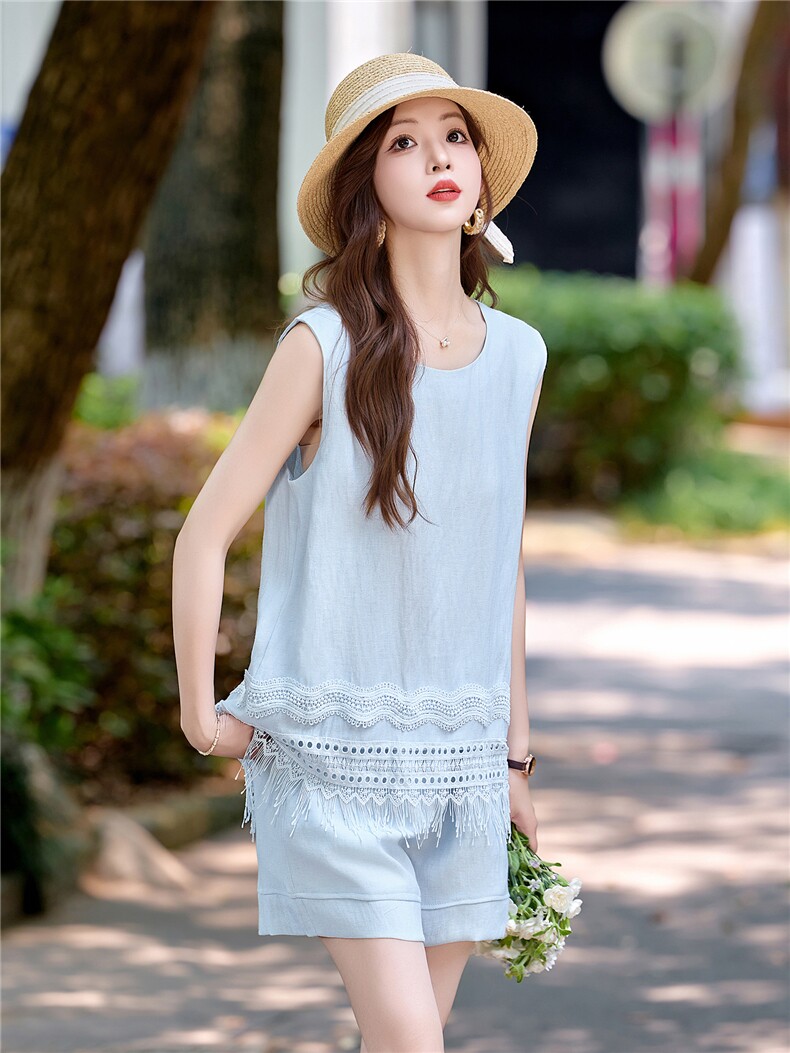 短裤套装女2025夏新款气质巨好看的老钱风减龄亚麻无袖穿搭一整套,女装套装/套裙,韩美纤衣