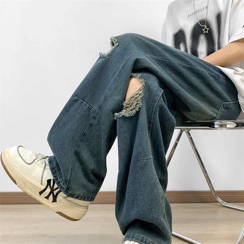 破洞牛仔裤男直筒宽松欧美高街vibe风长裤子N06118-P45,男装牛仔裤,星座308B-2