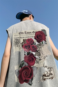 港风23夏季时尚百搭宽松做旧水洗磨皮无袖短袖T恤DT6247P40控58图片
