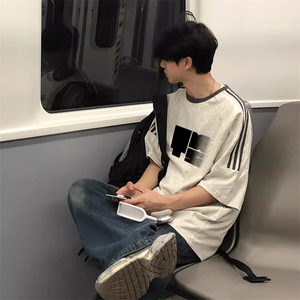 夏季美式高街重磅纯棉三条杠织带撞色男女短袖T恤ZD512-特P30图片