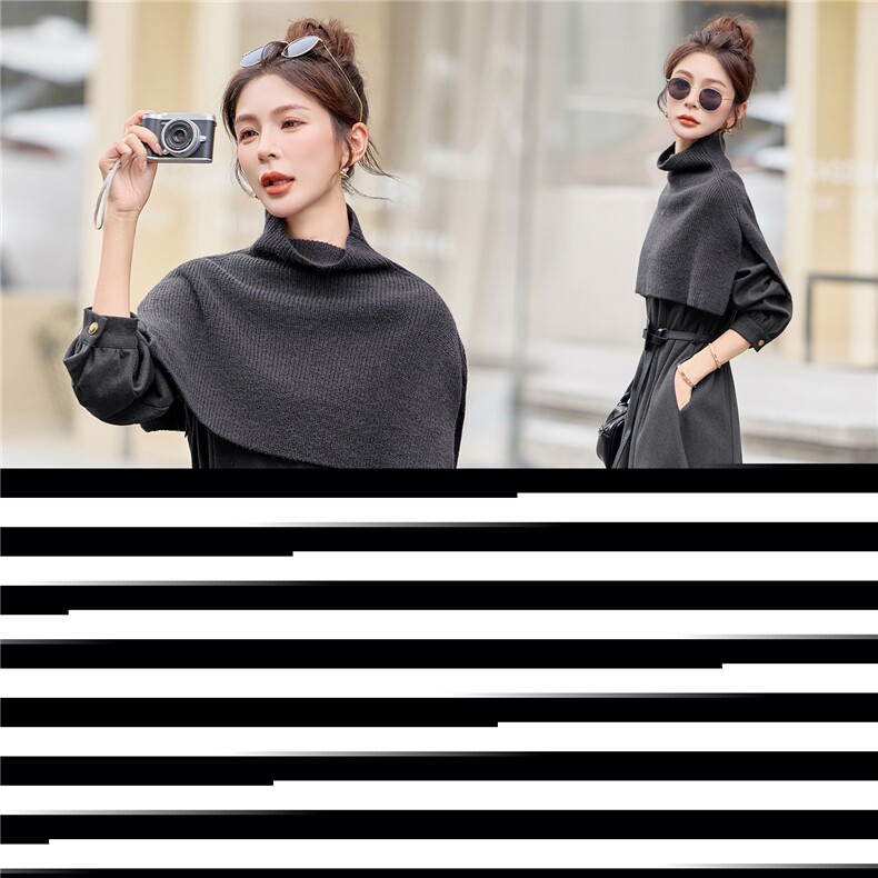 独特漂亮针织斗篷披肩连衣裙女2026春秋新款收腰显瘦减龄气质长裙，女装连衣裙，意芙