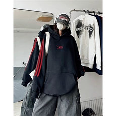 抖音得物高品质480克全棉加绒加厚宽松织带连帽印花卫衣A2303，男装卫衣，电商A443