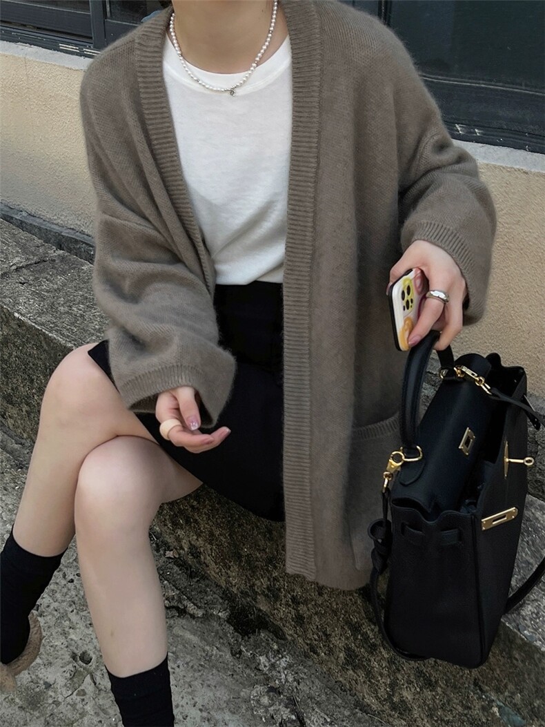 韩版休闲慵懒风中长款羊绒针织开衫女秋冬宽松大码V领羊毛外套,女装羊毛衫,思途羊绒