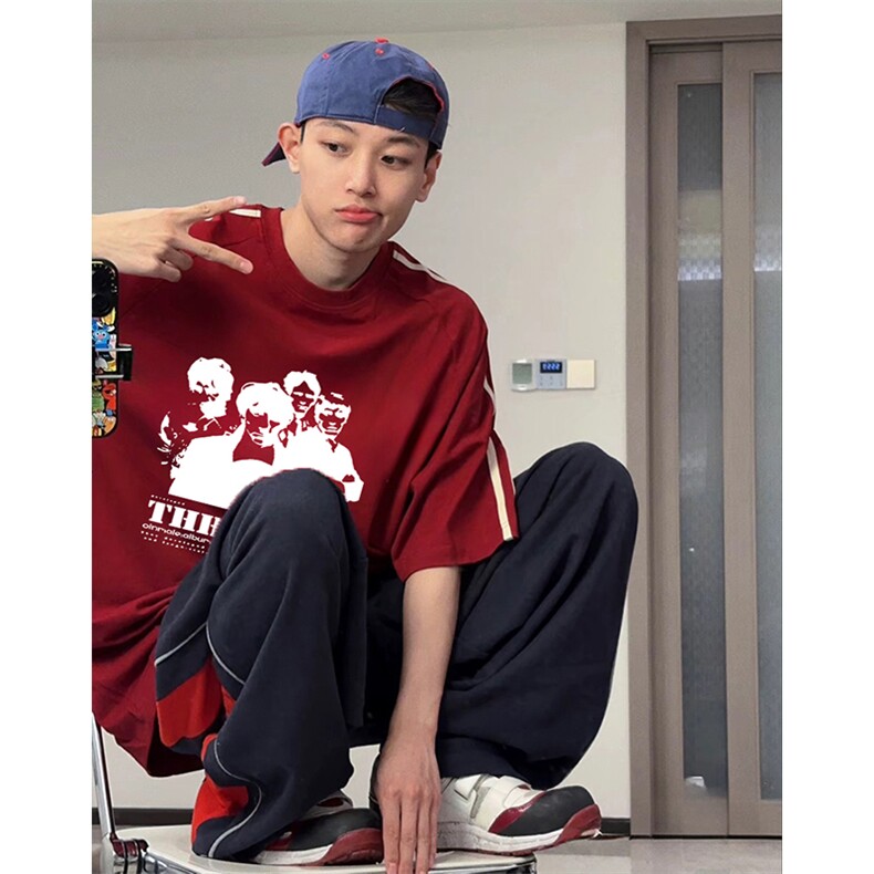 抖音得物高品质二开240克宽松纯棉美式潮牌三条杠织带短袖T恤,男装T恤,电商A486-1