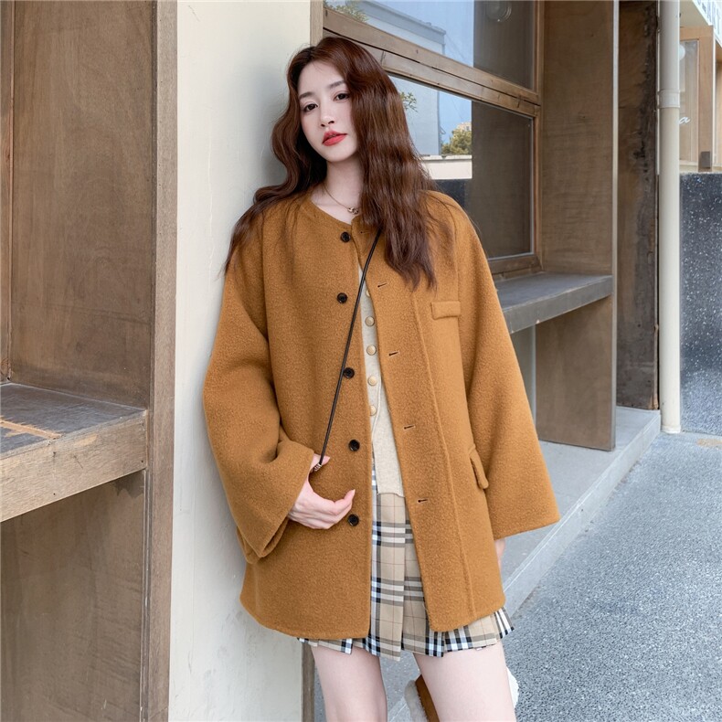 日系宽松圆领双面羊绒大衣女2025冬新款超火流行宽松百搭毛呢外套,女装毛呢外套,2C327