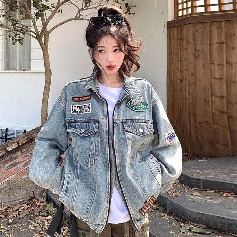 美式高街水洗做旧牛仔外套男女秋季潮牌宽松休闲机车夹克-网图图片