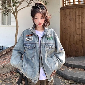 美式高街水洗做旧牛仔外套男女秋季潮牌宽松休闲机车夹克-网图图片