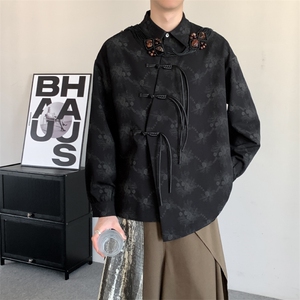 秋季新中式汉服暗纹不对称男女唐装汉服印花复古上衣盘扣长袖外套图片