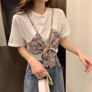 心机碎花假两件短袖t袖图片