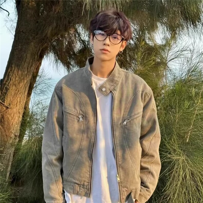 W583-P78 复古水洗做旧牛仔外套男女款垫肩拉链休闲飞行夹克上衣图片