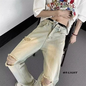 美式高街黄泥色破洞牛仔裤男夏季潮牌宽松直筒长裤子 N835- P38图片
