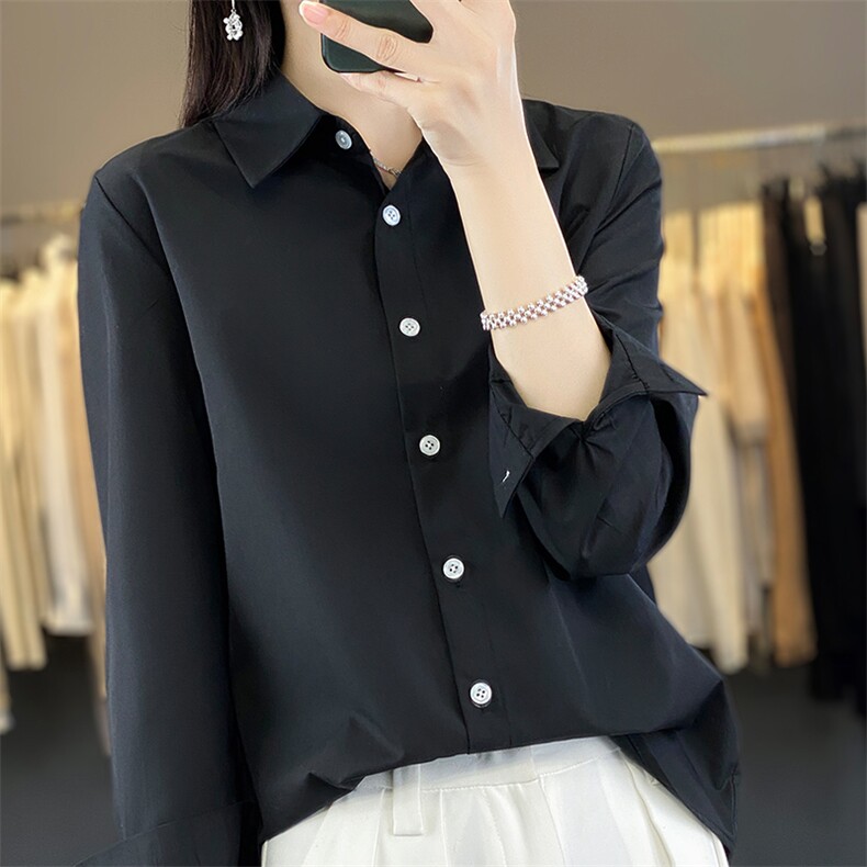 2025年夏季POLO领修身型休闲落肩袖套头长袖纯色时尚百搭衬衫,女装衬衫,佳绒高端店