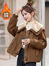 秋冬宽松超好看鹿皮绒棉服时尚减龄羊羔毛翻领夹棉加厚外套女，女装棉衣/棉服，韩蔻秀