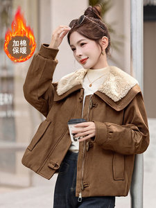 秋冬宽松超好看鹿皮绒棉服时尚减龄羊羔毛翻领夹棉加厚外套女图片