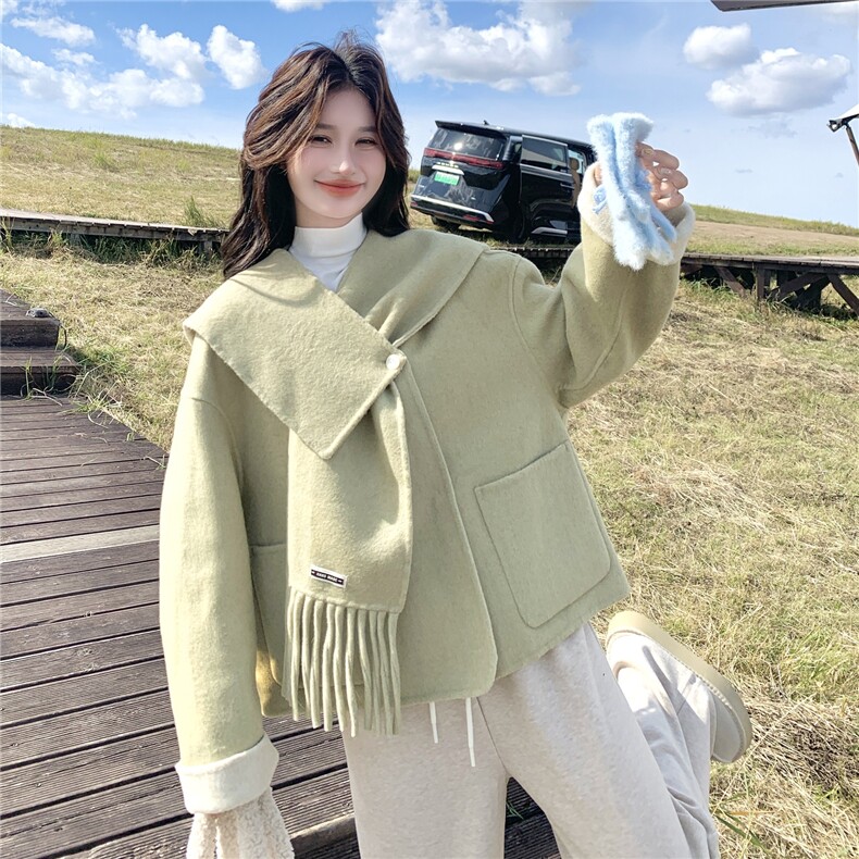 新款！冬装撞色配围巾双面羊毛呢大衣2C133-8982-P265-K378，女装毛呢外套，2C133