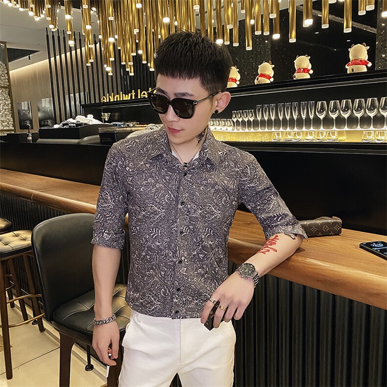 312A-113-P55 新款社会小伙中袖衬衫韩版潮流男士五分袖衬衣B图片