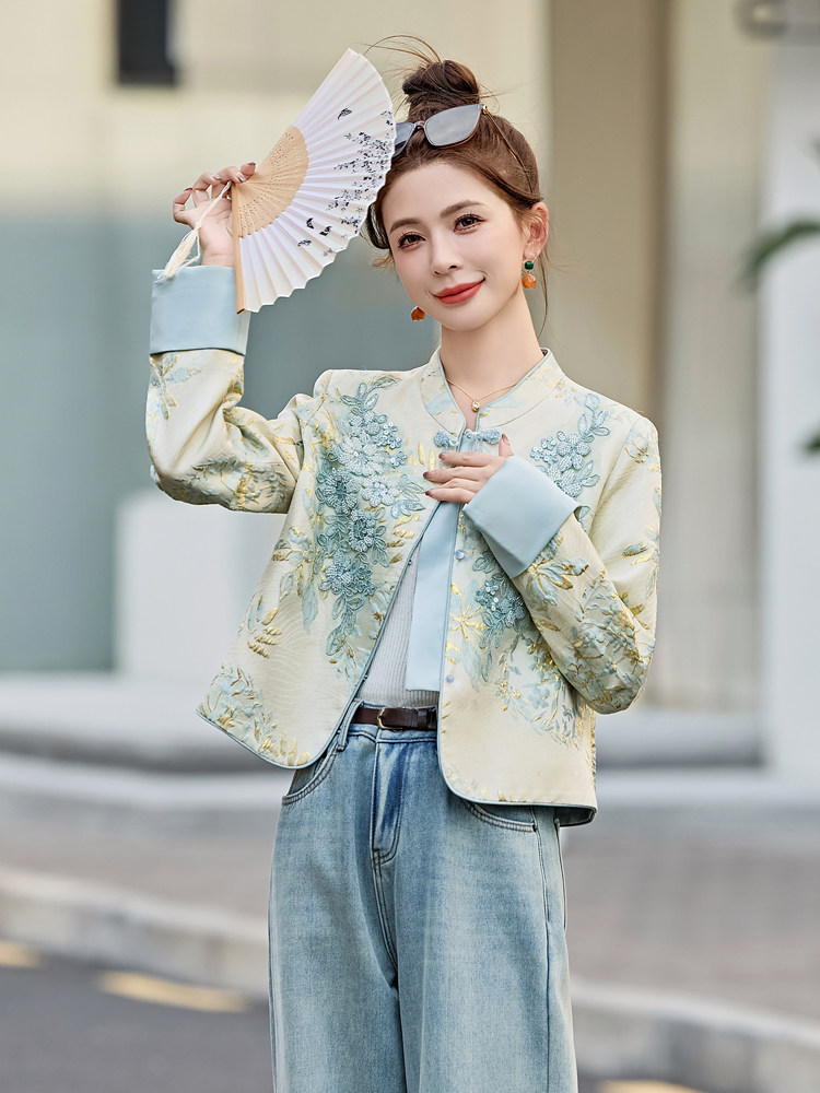 水衣源2706款新中式蕾丝拼接立体印花提花短款洋气外套女,女装短外套,水衣源