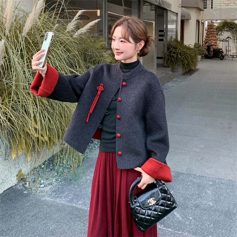 新中式国风撞色拼接双面呢羊毛外套女秋冬2025新款设计减龄厚大衣,女装毛呢外套,2C028