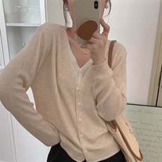 春季新款时尚百搭女士V领两件套开衫，女装针织衫/毛衣，佰米娇羊绒