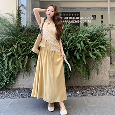 新中式国风提花连衣裙女2025夏季日系慵懒感气质拼接假两件连衣裙，女装连衣裙，2C332