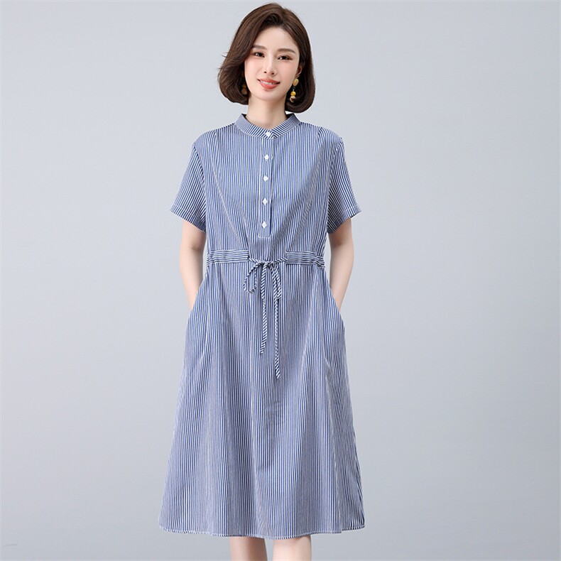 中年妈妈条纹连衣裙女2025夏季新款宽松休闲显瘦减龄气质衬衫裙子,女装连衣裙,江忆布依