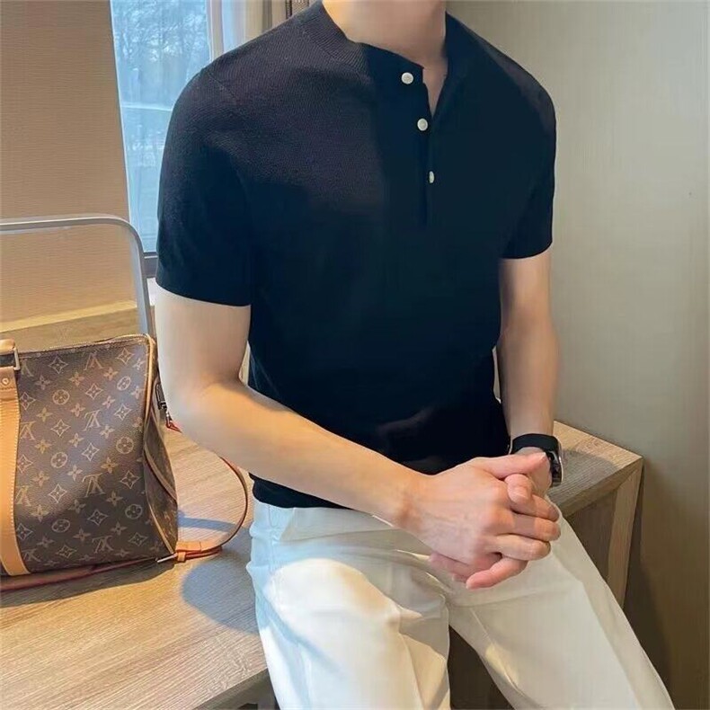 无领男短袖新款潮牌男装夏季薄款冰丝t恤针织衫 S325图片