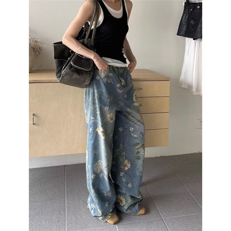 印花阔腿牛仔裤男女薄款夏季年新款小众设计直筒拖地裤AM7719P51,男装牛仔裤,星座1013-5