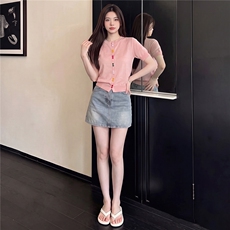 韩系温柔风时尚运动休闲套装女夏圆领彩色纽扣上衣牛仔短裙两件套，女装套装/套裙，江南