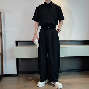 春夏新款高级网红短袖衬衫痞帅休闲弯刀裤两件套装男潮TZ296-P133图片