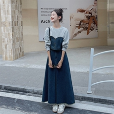【新品首-发】秋季新品韩系简约甜美拼接牛仔套装2386-P165-K218，女装套装/套裙，浙宝285（原212）
