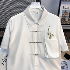 夏装风新中式复古油画翠竹印花男小众休闲短袖衬衫S5022-P45，男装T恤，星座1008-2