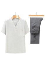 风亚麻盘扣复古短袖T恤长裤套装唐装棉麻上衣973912-P115，男装休闲套装，星座1105-3
