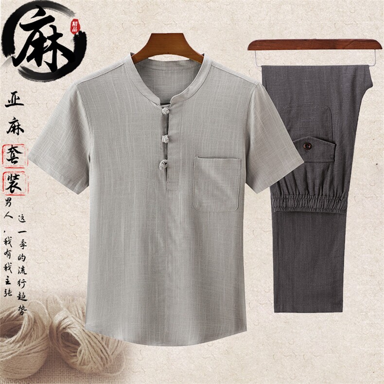 主推长年大货夏男中老年风亚麻套装短袖T恤棉麻套头半袖，男装T恤，钱塘723
