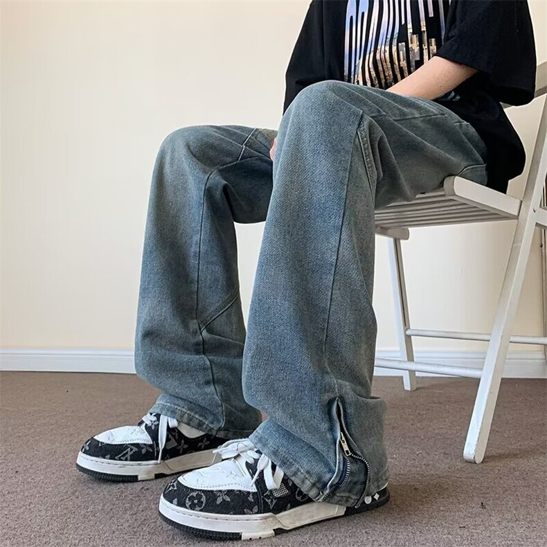 夏季牛仔裤男vibe设计感拉链微喇宽松直筒长裤子男款N6163,男装牛仔裤,星座1116A-1（原606A）