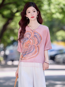复古印花天丝棉麻衬衫女2025夏薄款v领宽松显瘦休闲宽松苎麻衬衣图片