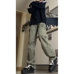 美式机能伞兵日系宽松阔腿多口袋牛仔裤潮直筒褶皱工装裤GJ203P60图片