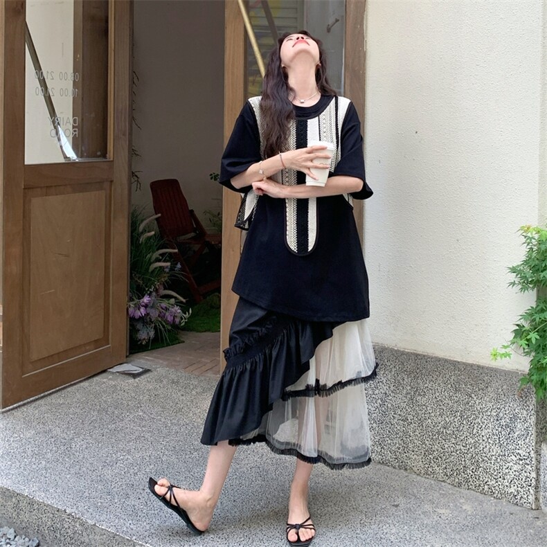 法式时尚设计感套装女2025年夏季撞色马甲T恤半身裙三件套,女装套装/套裙,2C275