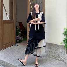 法式时尚设计感套装女2025年夏季撞色马甲T恤半身裙三件套，女装套装/套裙，2C275