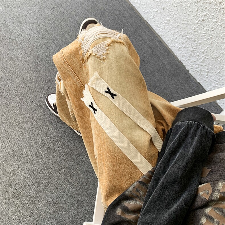 重磅高品质星形破洞牛仔裤男高街垂感中性风直筒裤XK66177-P55,男装牛仔裤,电商A042