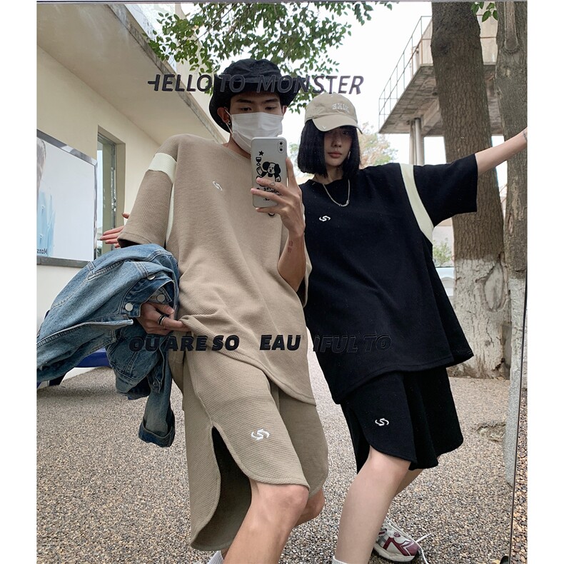 情侣装夏装新款华夫格撞色拼接套装男女宽松半袖T恤潮D295P68,男装T恤,电商A335-1（原A458）