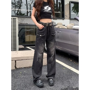 美式高街vibe牛仔工装裤女bf慵懒风春秋情侣款黑色伐木裤直筒裤图片
