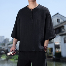 2025夏季风七分袖立领上衣盘扣休闲纯色T恤宽松大码T2510-P60，男装T恤，电商A008