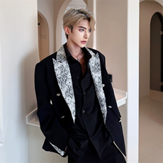 （自家图）黑色西装外套春秋新款蕾丝拼接垫肩西服6011-P115，男装西服套装，星座910-5